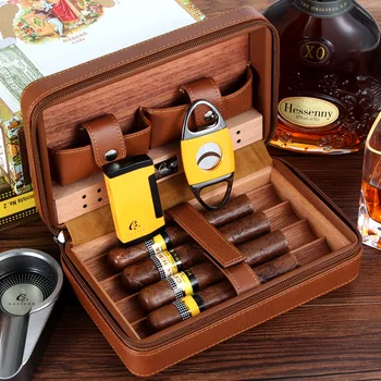 

Leather Cigar Case Travel Cigar Humidor Box Cedar Wood Case W Cigar Lighter Cutter Tool 8 Gram Humidifier Bag As Gift