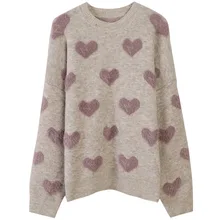 HLBCBG Heart Pattern Knit Pullover Sweater Women Jumper 2021 Winter Korean Kawaii Cute Long Sleeve Fluffy Sweater Female