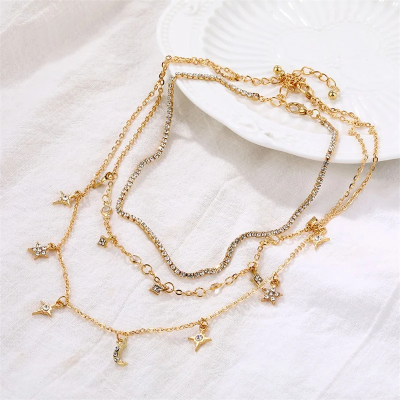 New Multilayer Crystal Moon Necklaces & Pendants For Women Vintage Charm Gold Star Choker Necklace 2019 Bohemian Jewelry Gift