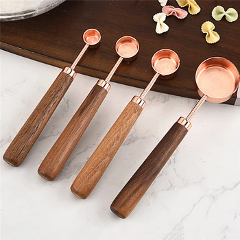 

1/4pcs Rose Gold Measuring Cups Measuring Scoop Walnut Wooden Handle Kitchen Measuring Tool Plating Measuring Cups
