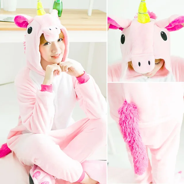 Kigurumi единорог пижамы Ститч взрослых животных Onesie женщин мужчин пара зима пижамы костюм кошка пижамы фланелевые пижамы - Цвет: pink tenma