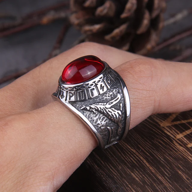 Stainless Steel Viking Raven Wolf Ring with Red Stone for Men Gift - Image 4