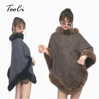 

New Women Capes Poncho Spring Faux Fox Fur Khaki Shawl Knitted Triangle Fur Sweater Plus Size Pullover Coat Fur Neck Coat