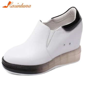 

Karinluna Hot Sale 2020 Big Size 32-40 Cow Leather Platform Shoes Woman Pumps Wedge High Heels Elastic Band Pumps Women