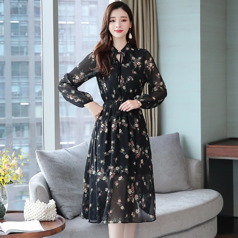 Черное платье феи с цветочным принтом Осеннее/весеннее женское средней длины в