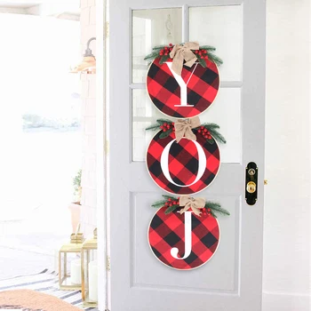 

90cm Christmas Wreath Joy Sign Buffalo Plaid Cover Wooden Wreath Hanging Christmas Decorations for Home Xmas Joy Sign Ornament