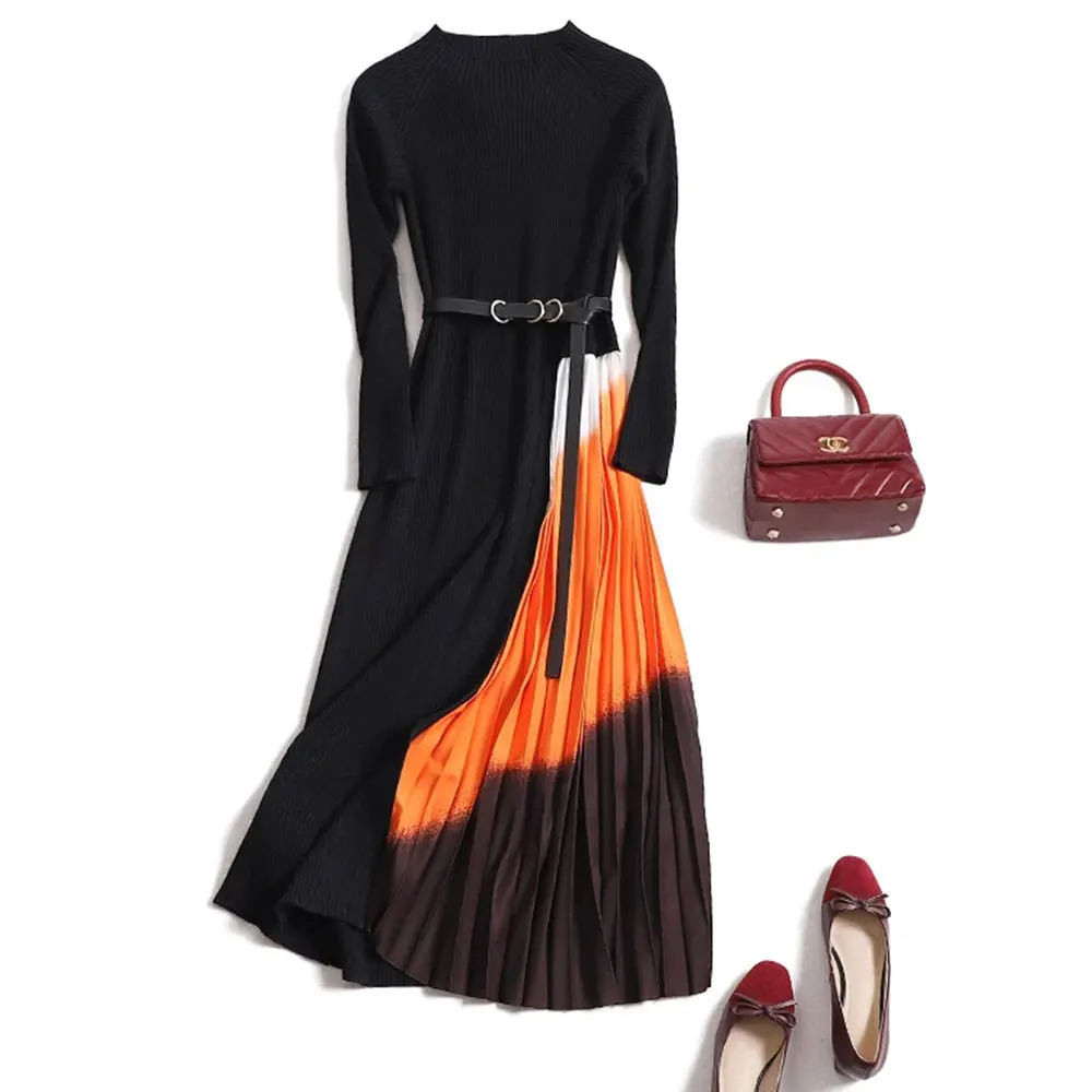 2021 Autumn Winter Women Gradient Color Stitching Knitted Warm Sweater Dress Female Long Sleeve Ol Midi Pleated Dress M8006