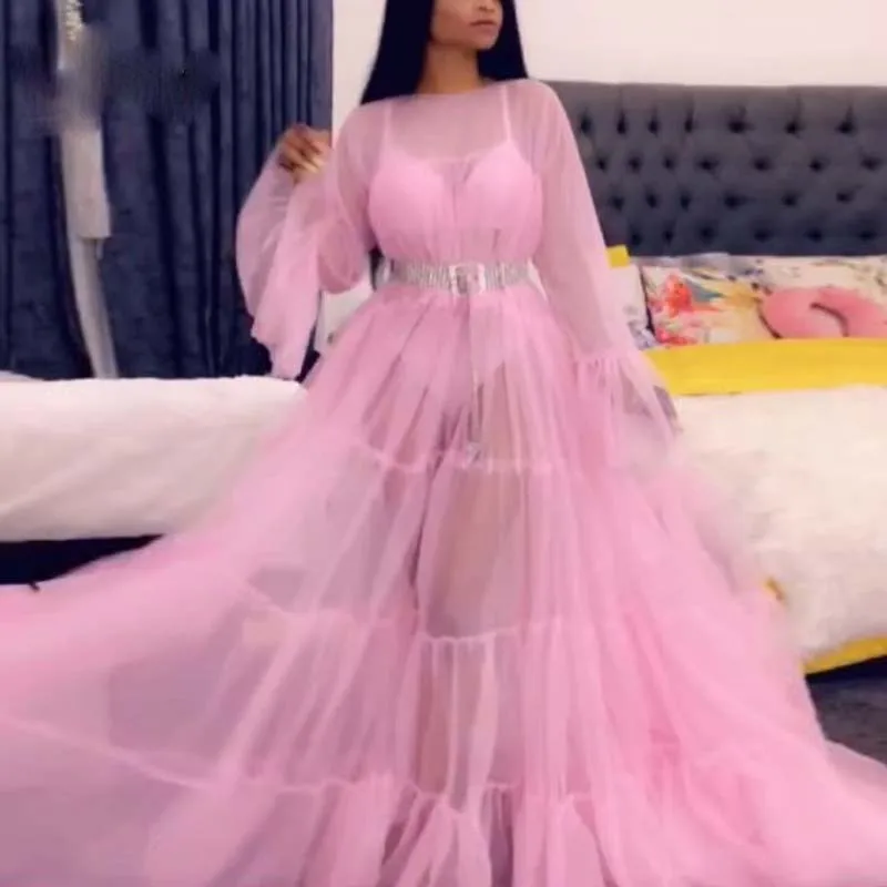 Sexy Roze See Thru A-lijn Lange Prom Jassen Jurk Met Puffy Volledige Mouwen Geplooide Prom Jassen Party Jurken Sexy Roze See Thru A-lijn Lange Prom Jassen Jurk Met Puffy Volledige Mouwen Geplooide Prom Jassen Party Jurken