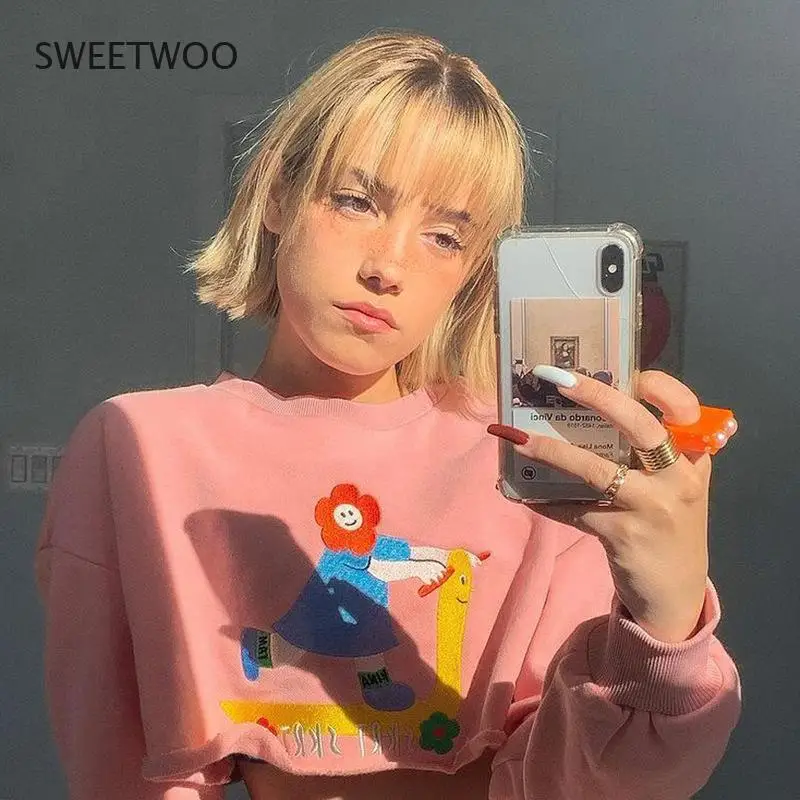 2021 Spring and Autumn New Childlike Embroidered Round Neck Pullover Loose Sweater Casual Simple Tops Women Streetwear