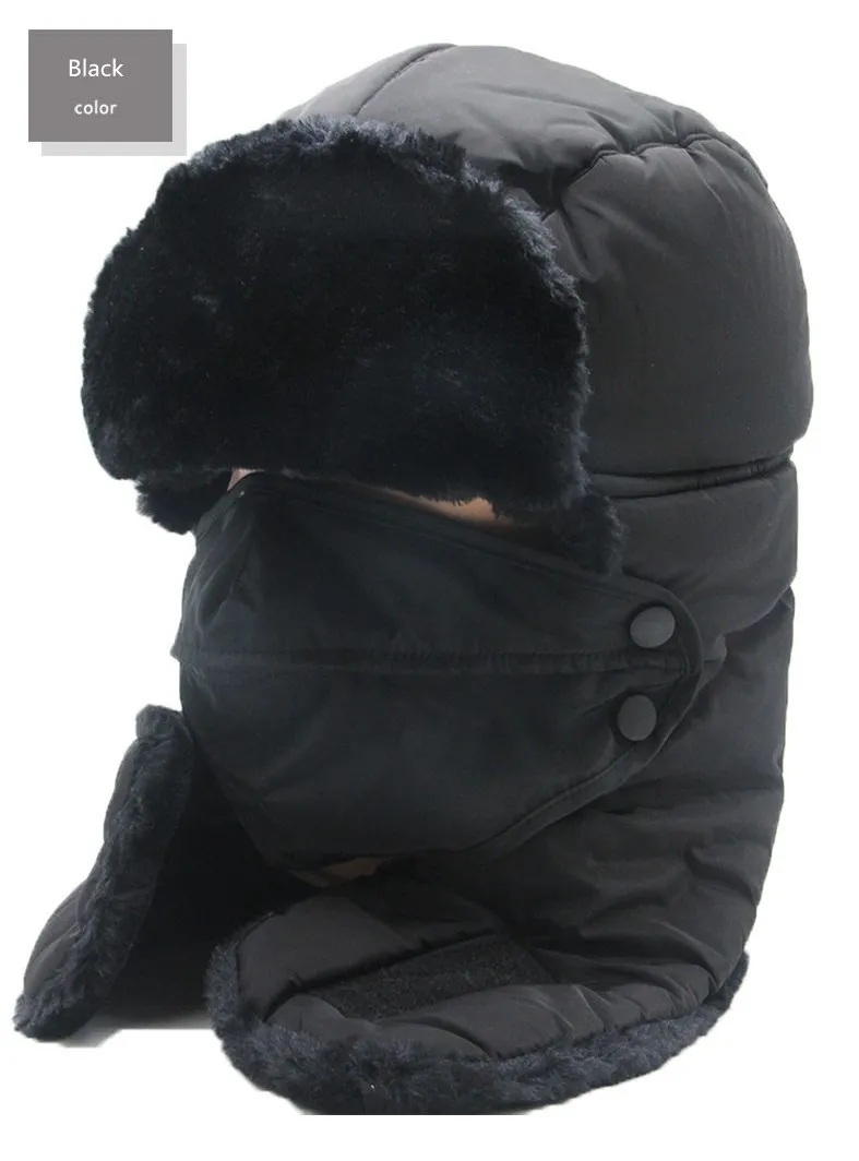 Free Shiping Outdoor Hat Cap Men Women Winter Warm Thick Windproof Earflap Soft Plush Fur Snow Hat Mouth Muffle зимняя шапка - Цвет: Черный