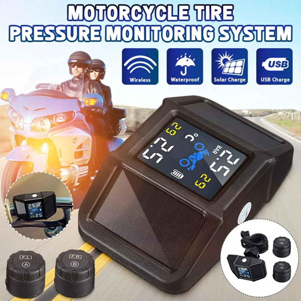 

VEHEMO Solar Power Motorcycle TPMS Tire Temperature and Pressure Monitoring System LCD Color Screen with 2pcs Sensors