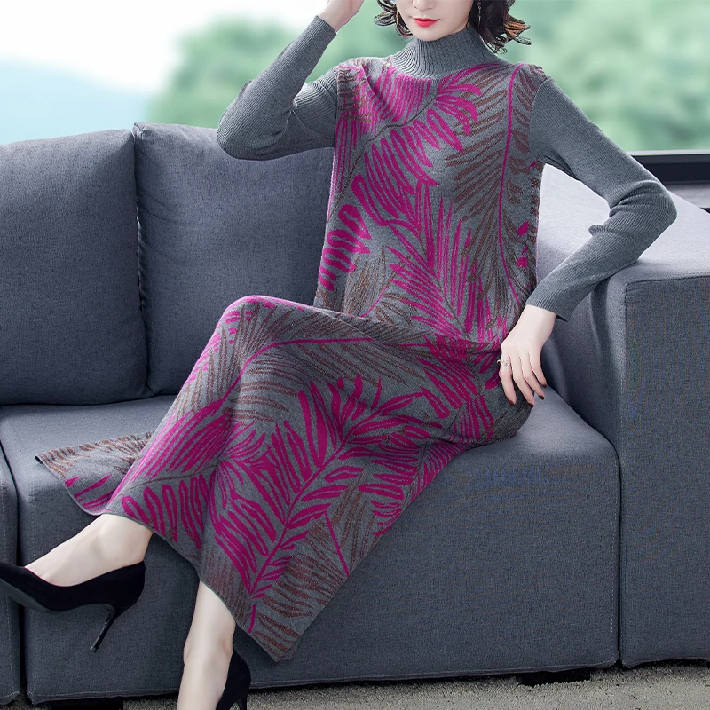 

New Female Autumn/Winter 2020 Half A Turtle Neck Long Sleeve Knit Dress Wool Dress In Knee-Length Dress Dress