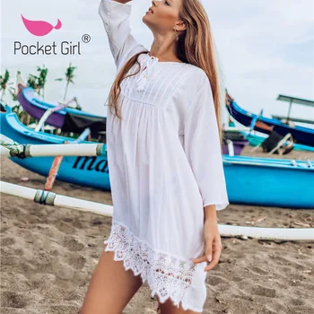 

Pocket Girl 2020 Bikini Cover Up Solid Beach Dress Summer Chiffon Swimwear Women Long Sleeve Bathing Suit Sexy Swimsuit Tunic