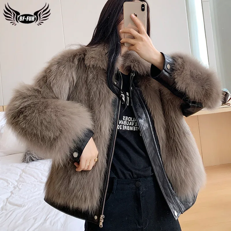 

BFFUR 2020 New Fox Fur Coat Women's Fashion Slim Locomotive Style Whole Skin Genuine Fox Fur Jackets With Sheep Leather Outwear