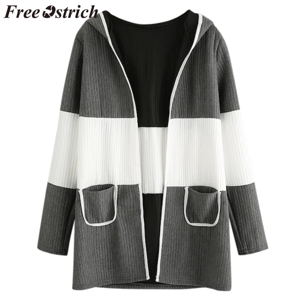 

FREE OSTRICH Coat Women Loose Stitching Contrast Color Hooded Jacket Cardigan Dignified Fashion New Autumn Winter Coat Women