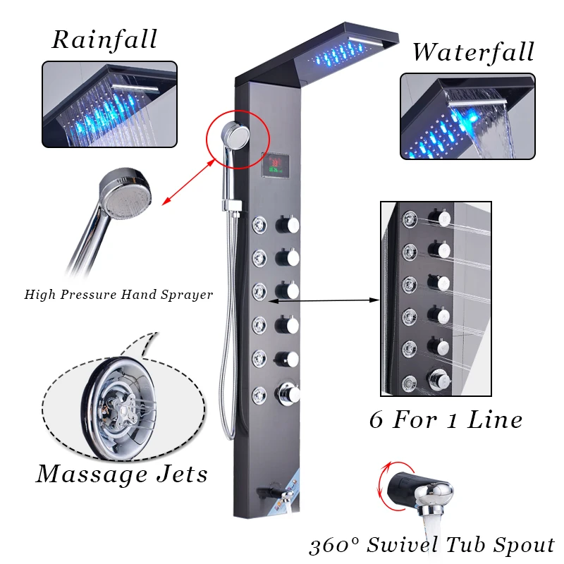 Черный никель светодиодный дождь водопад смеситель для душа набор душевая панель Колонка многофункциональная насадка Массаж Спа струи температурный экран