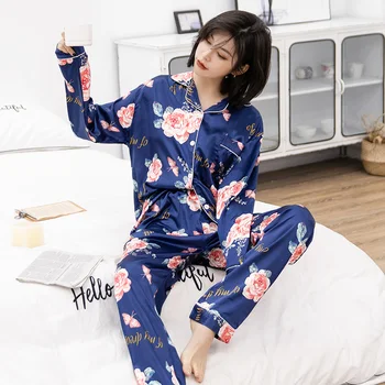 

Pajama Sets For Women 2020 Spring Summer Silk Pajamas Long Sleeve Trousers 2 Pcs Cardgian Pyjamas Loose Comfort Night Sleepwear
