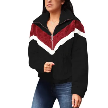 

2019 Long Sleeve Pockets Outwear Female Winter Plush Coat Warm Zippers Sweater Patchwork Casual Loose Tops