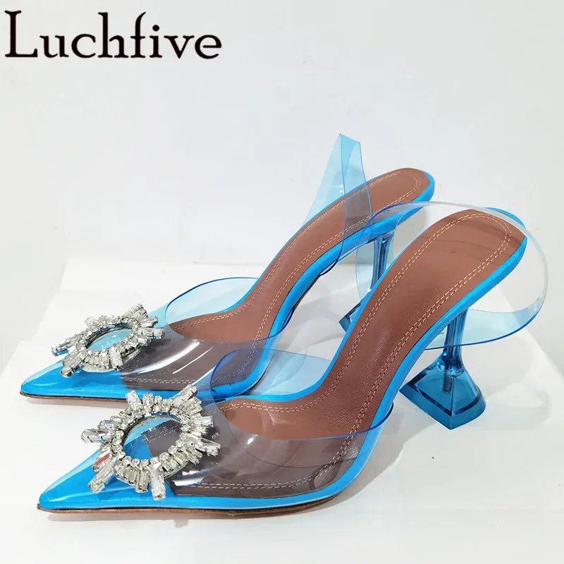 

Hotsale Crystal PVC Sandals Women Pointy Toe Party Shoes Designed High Heels Slingbacks Sexy Blue Rhinestones Shoes Woman
