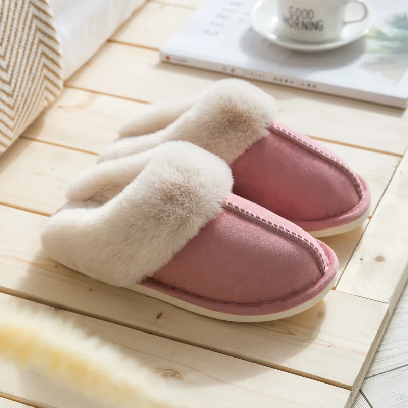 Pink Мужские и женские кожаные кашемировые домашние тапочки; сезон осень-зима; пара теплых плотных шерстяных тапочек; нескользящая хлопковая теплая домашняя обувь - Цвет: Pink