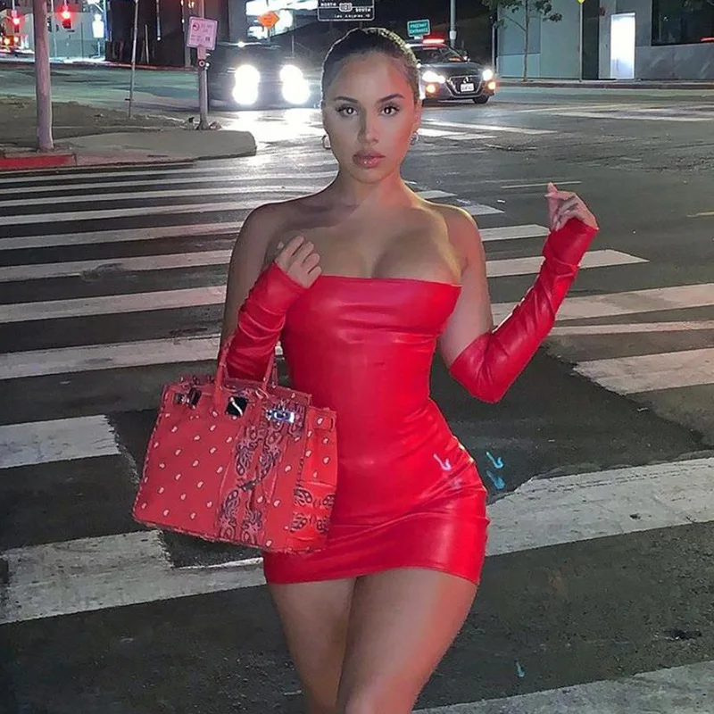 

Sexy Strapless Short Faux PU Leather With Gloves Party Dress Women Fitness Bodycon Backless Hot Street Fashion Clubwear Dresses