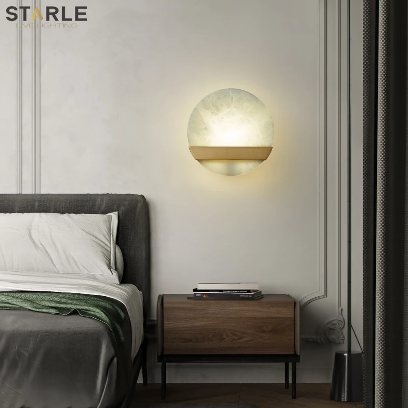 

All copper new Chinese marble wall lamp living room background wall modern minimalist bedroom bedside creative light luxury