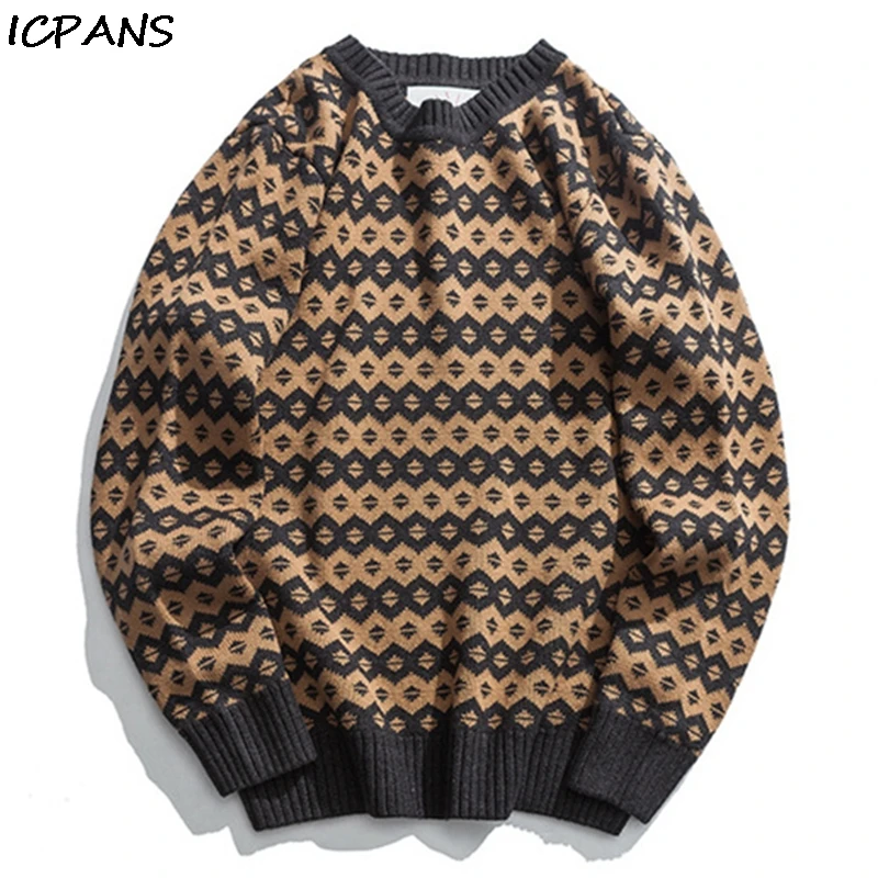 

ICPANS Harajuku Mens Sweater Pullovers O Neck Vintage Plaid Hip Hop Streetwear Knitting Needlework Knitted 2019 Winter Autumn