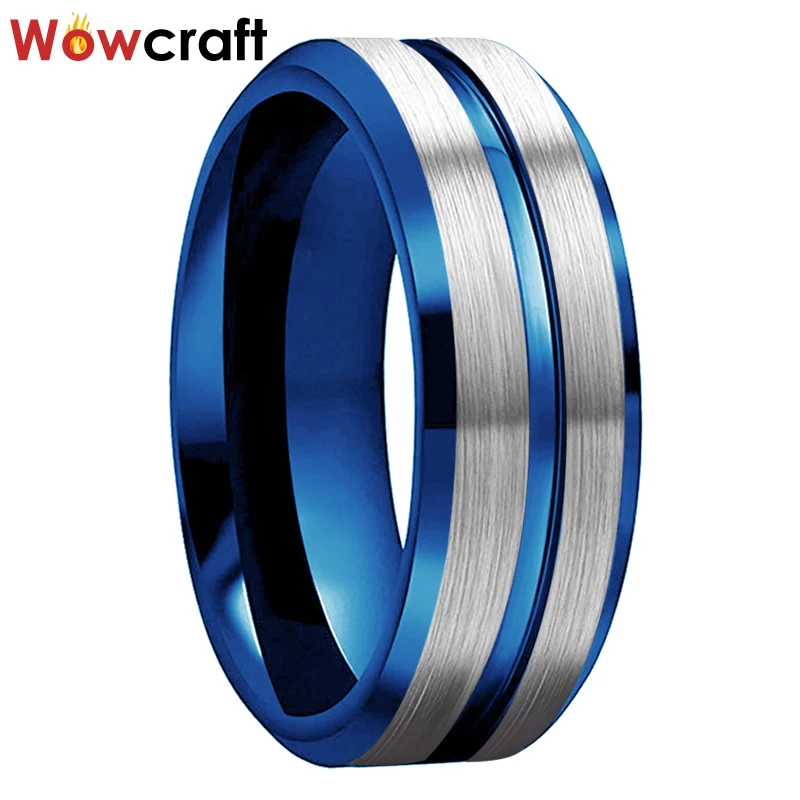 

Blue Tungsten Carbide Ring for Men Women 6mm 8mm Engagement Brushed Blue Grooved Wedding Band Rings with Bevel Edges