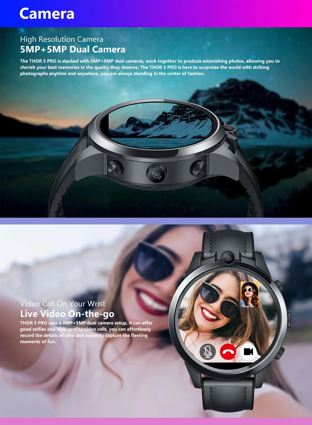 Zeblaze THOR 5 Pro Smart Watch 1,6 дюймов 3 ГБ+ 32 Гб Двойная камера 800 мАч gps Смарт часы гибридные кожаные ремни для IOS и Android