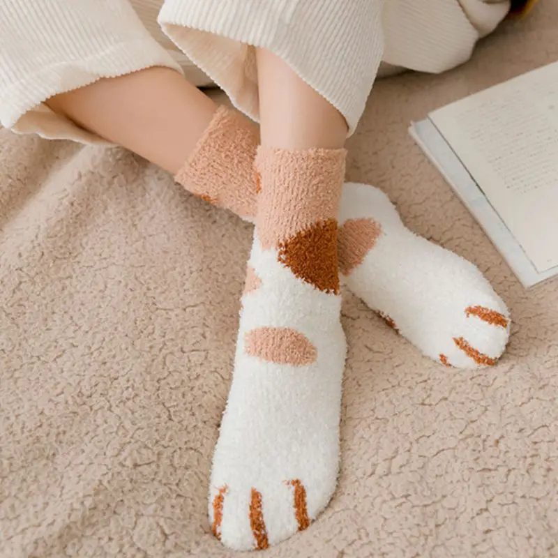 

Winter Women Cat Claws Cute Thick Warm Sleep Floor Knee-High Socks Plush Coral Fleece Socks Female Tube Socks