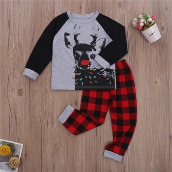 買取 男の子クリスマスツーピース服着用鹿プリントプルオーバー + チェック柄ロングパンツ赤/黒