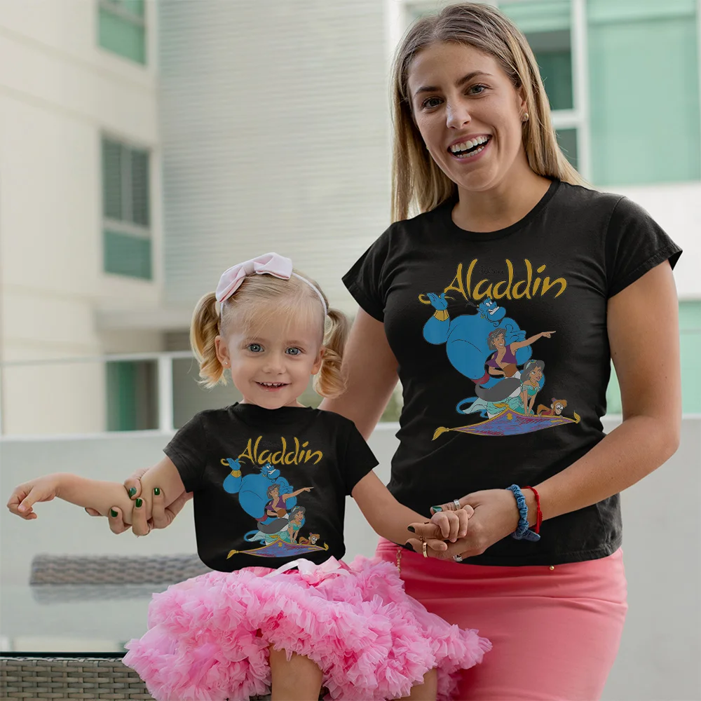 son and daughter matching outfits Woman Clothes Fashion Jasmine Princess Gold Pattern Tee Shirt Summer Soft Black Top Cute Girl Short Sleeve Mom Daughter T-shirt family easter outfits Family Matching Outfits