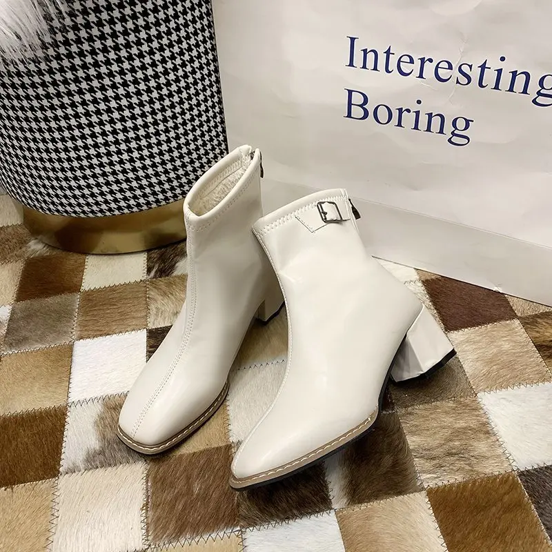 Women's Winter Boots Thick Heel Square Toe Women Boots Winter White Zipper Boots Female Women Shoes High Heels  Zapatos De Mujer
