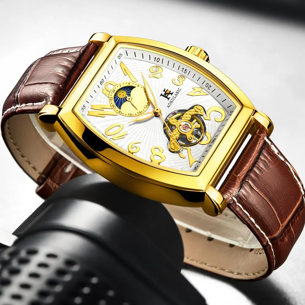 Мужские механические часы Moonphase Skeleton с кожаным ремешком, наручные часы с турбийоном для мужчин, мужские часы Sewor