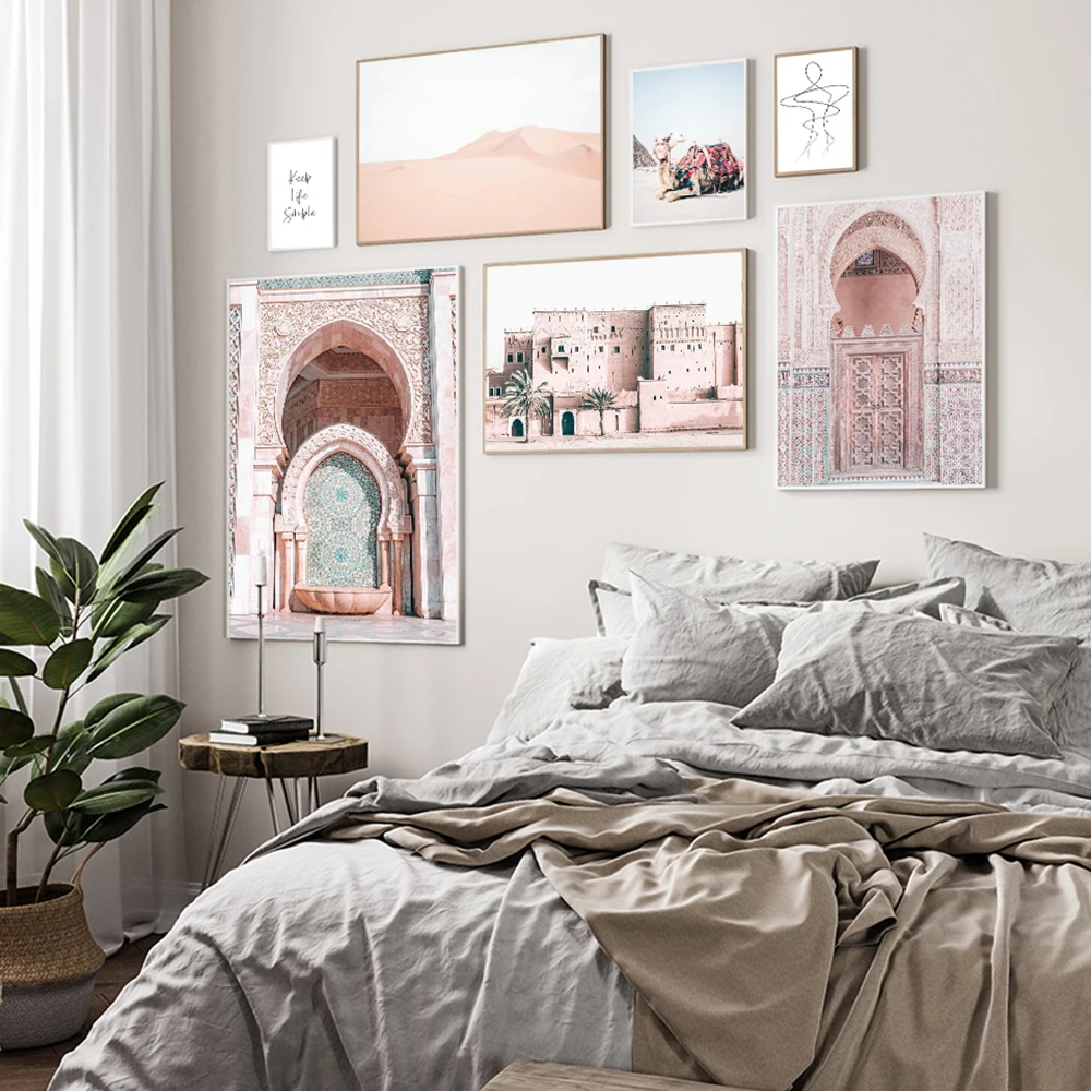 Allah-Islamic-Morocco-Door-Wall-Art-Canvas-Poster-Arch-Pink-Door-Print-Kasbah-Camel-Nordic-Animal