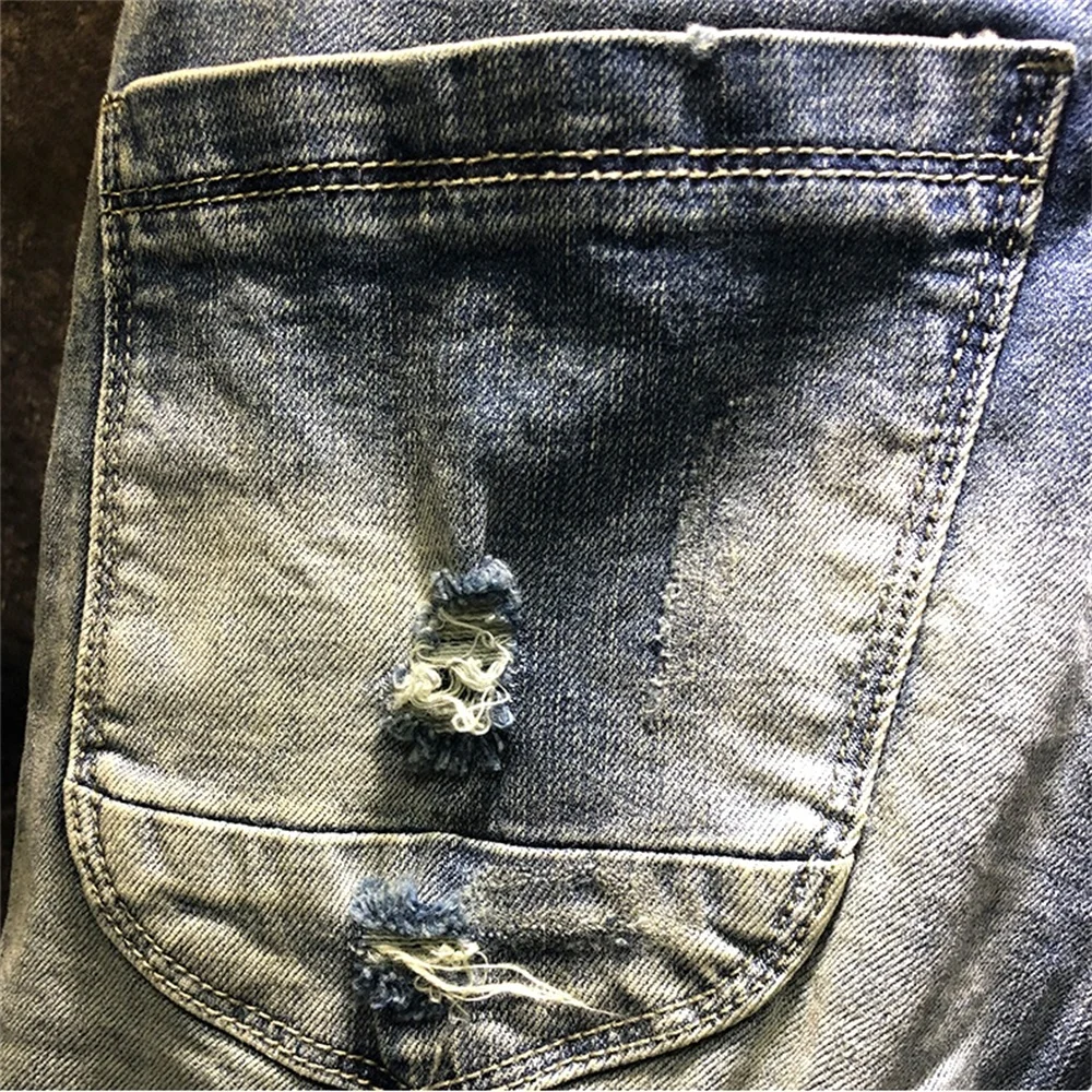 EH · MD® Blue Embroidered Hole Denim Shorts Men's Cotton Slim Pants Retro Shaving White European and American Style Casual 2022