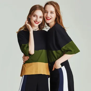 

HAVVA 2020 Summer Color Stripe Short T-shirt with Medium Sleeves Round Collar T38331