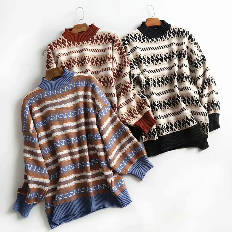 AQOIA Harajuku Argyle длинный рукав женский пуловер Boho водолазка толстый теплый женский свитер модная зимняя женская одежда