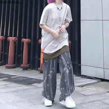 Высокая талия галстук краситель блок печати Винтаж Мода Мешковатые Свободные корейский уличная Harajuku Хип Хоп трек джинсовые брюки джинсы Панк низ