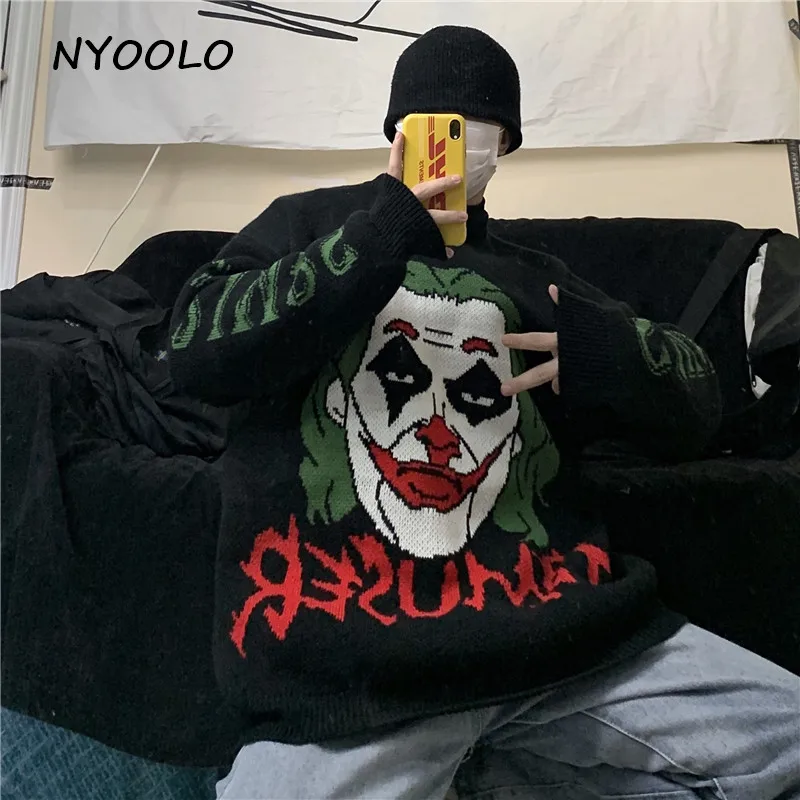 NYOOLO, Ретро стиль, уличная, клоун, буквы, жаккард, утолщенный, теплый, вязаный свитер, Осень-зима, свободный, с круглым вырезом, пуловер, свитер для женщин и мужчин
