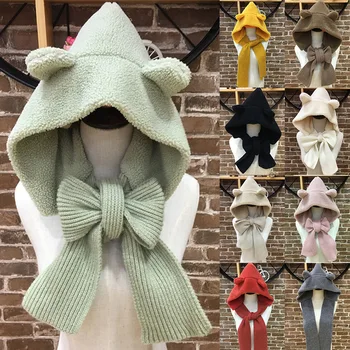 

New Style 2-in-1 Cute Plush Hat Knitted Scarf for Women Girls Keep Warming Cap Winter Accessories