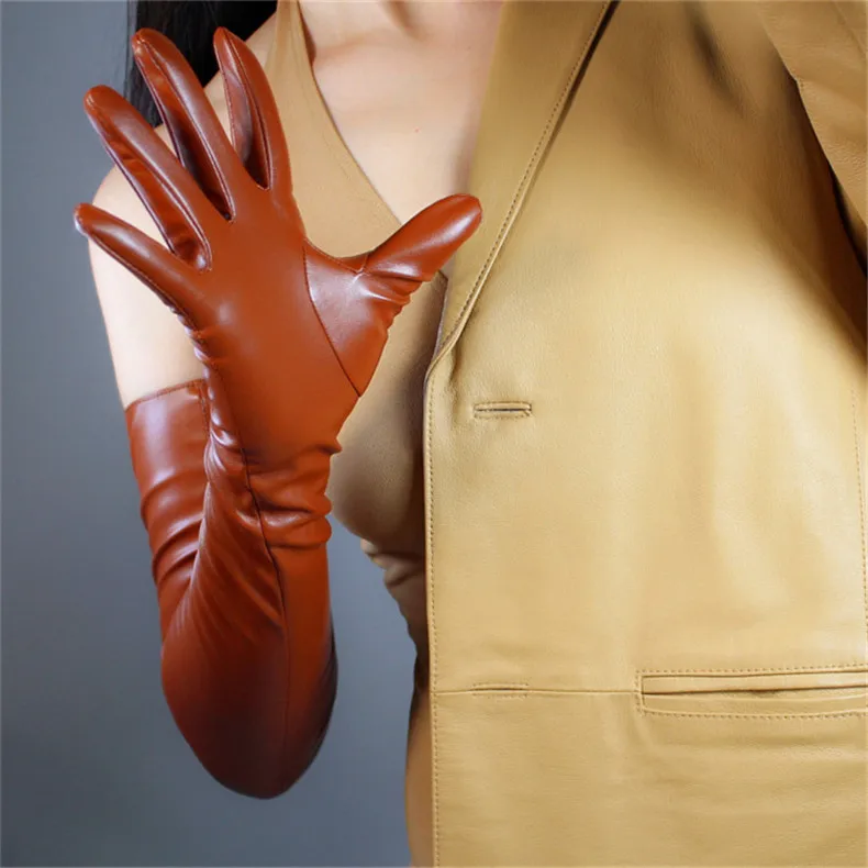 Экстра длинные кожаные перчатки 70 см длинная секция из кожи овчины кофейные темно-коричневые карамельные Бронзовые женские перчатки из искусственной кожи WPU72