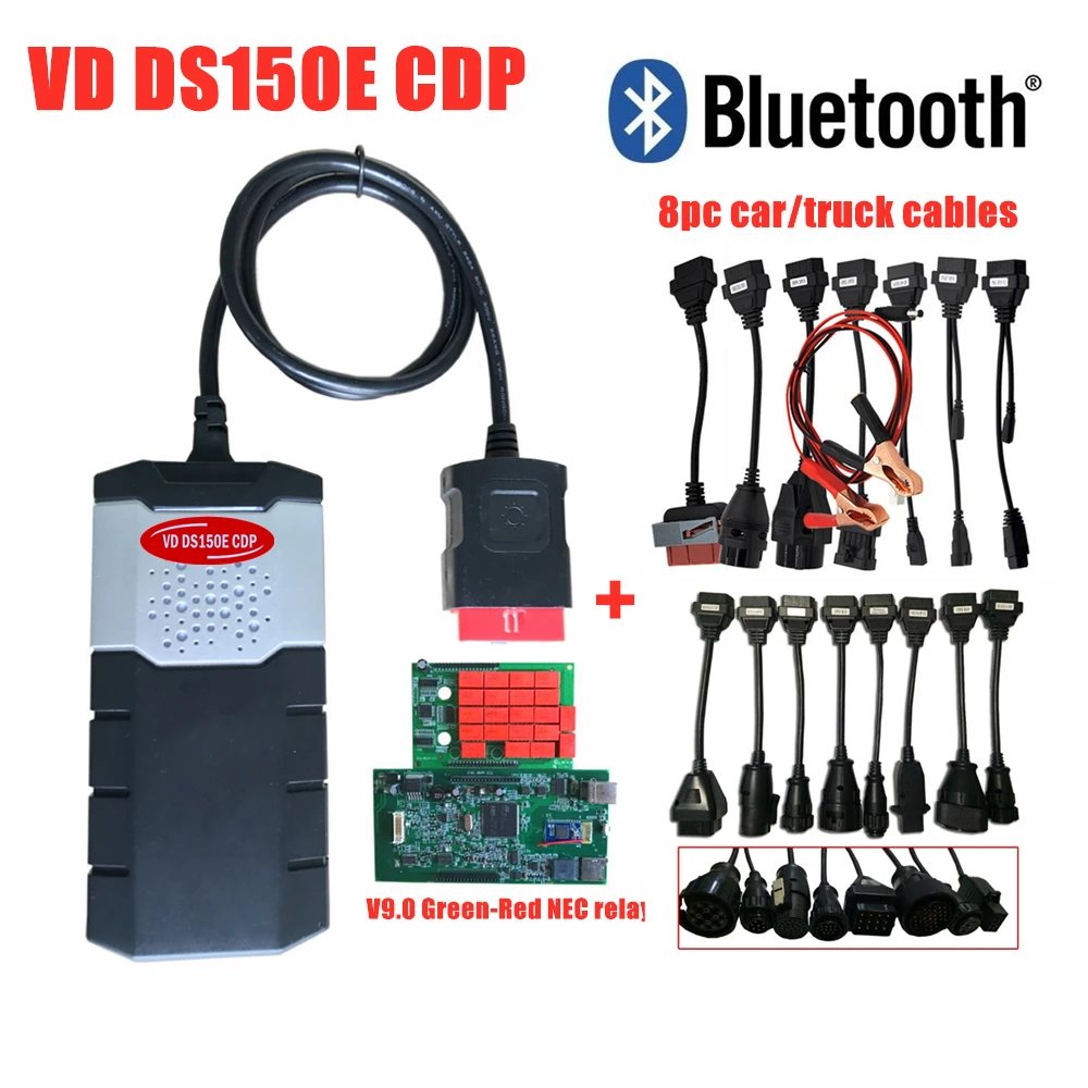 Free shipping new v9.0 board vd ds150e cdp with bluetooth.R0/.R3 OBD2 Scanner tool for delphis+full 8 car/truck cables