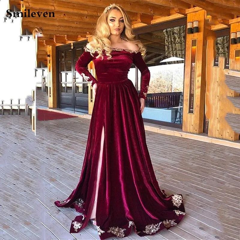 

Smileven Long Sleeve Velvet Moroccan caftan Evening Dress Off The Shoulder Lace Evening Gowns Sexy Side Split Formal Party Dress