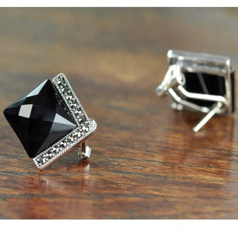 Серьги из серебра S925 пробы винтажные черный оникс камень гранат красный цвет|silver