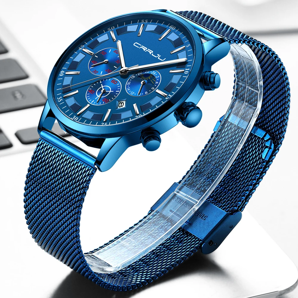 Mens Quartz Watches CRRJU Luxury Full Steel Men's Wristwatches Date Clock Military Waterproof Chron