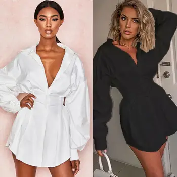

2020 Sexy Women Harakuju V-neck Long Sleeve Blouse Dress Office Lady High Waist Button Down Casual Loose Mini Tops Shirt Dresses