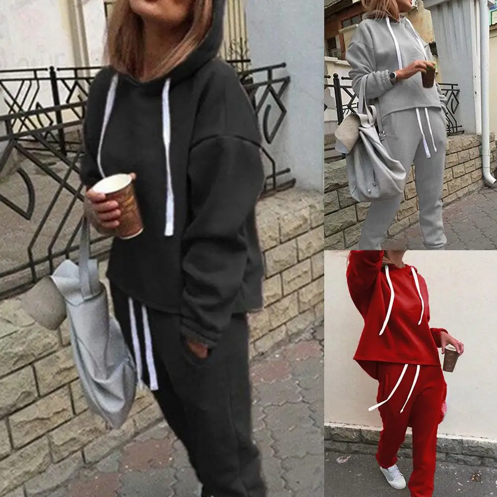 

One set women tracksuits autumn Women Solid Color Hooded Sweatshirt and pant Tracksuit Sport Set
