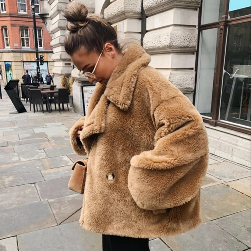 Classic Turn-down Collar Solid Faux Fur Jacket Coat Women Winter Warm Thicken Fake Lamb Overcoats Basic Soft Plush Overwear
