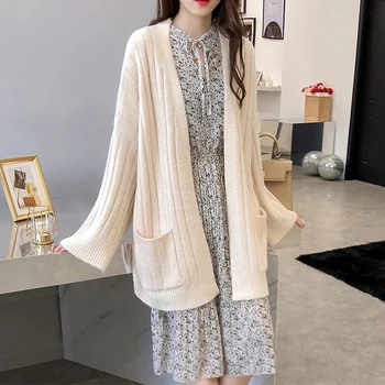

2019 Autumn Winter Women's Long Sleeve Soft Knitted Sweater Open Front Cardigan Outwear with Pockets Sweater Jacket